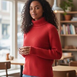 Ralph Lauren Chaps Denim 100% Red Cotton Turtleneck Pullover Ribbed Sweater Sz L